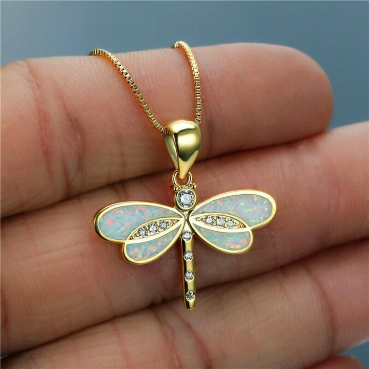 Gold Dragonfly Pendant Necklace with Opal Detail